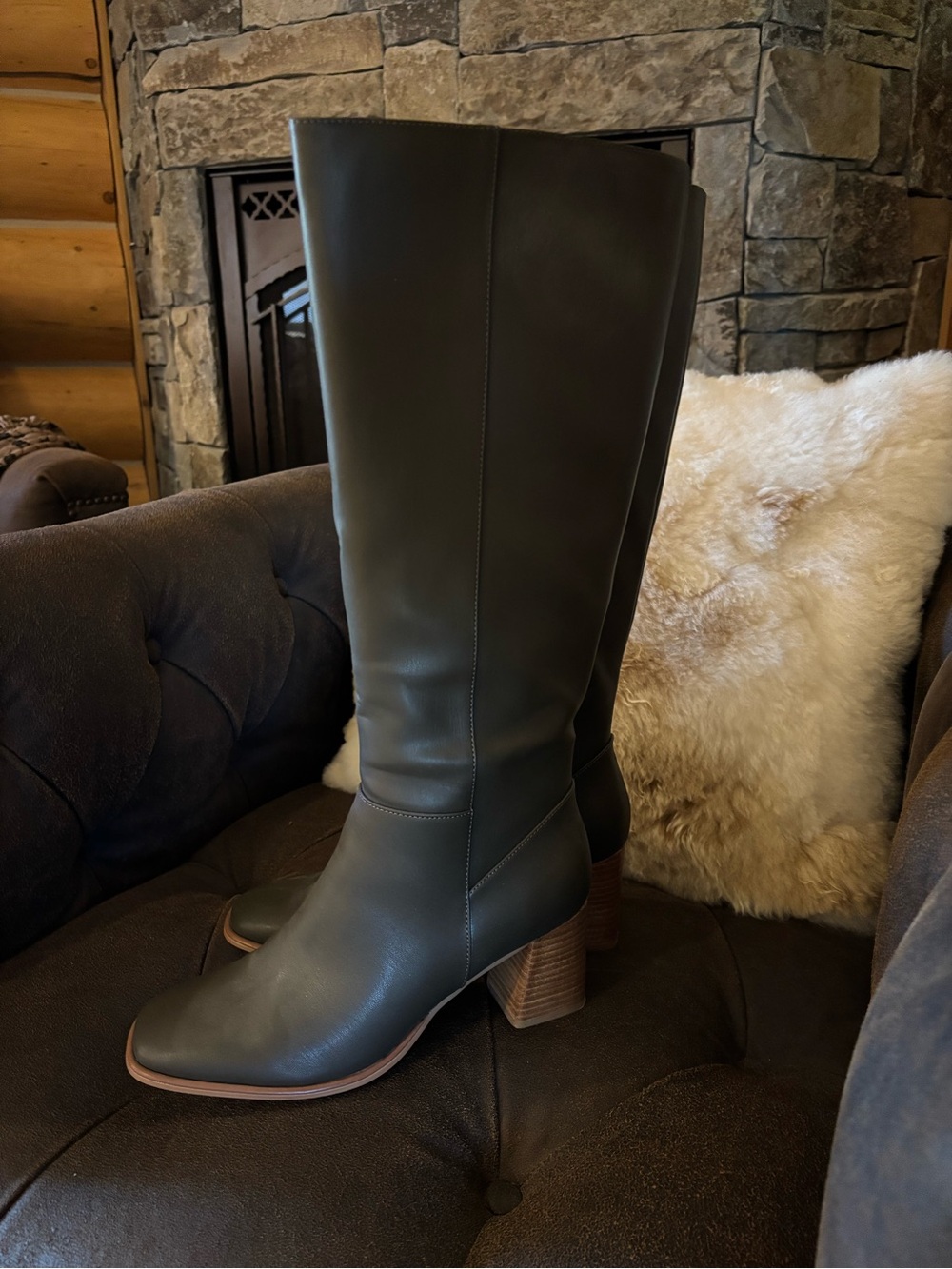 Never fully dressed  Women’s Tall Leather Block Heel Boots - Dark Green (khaki)